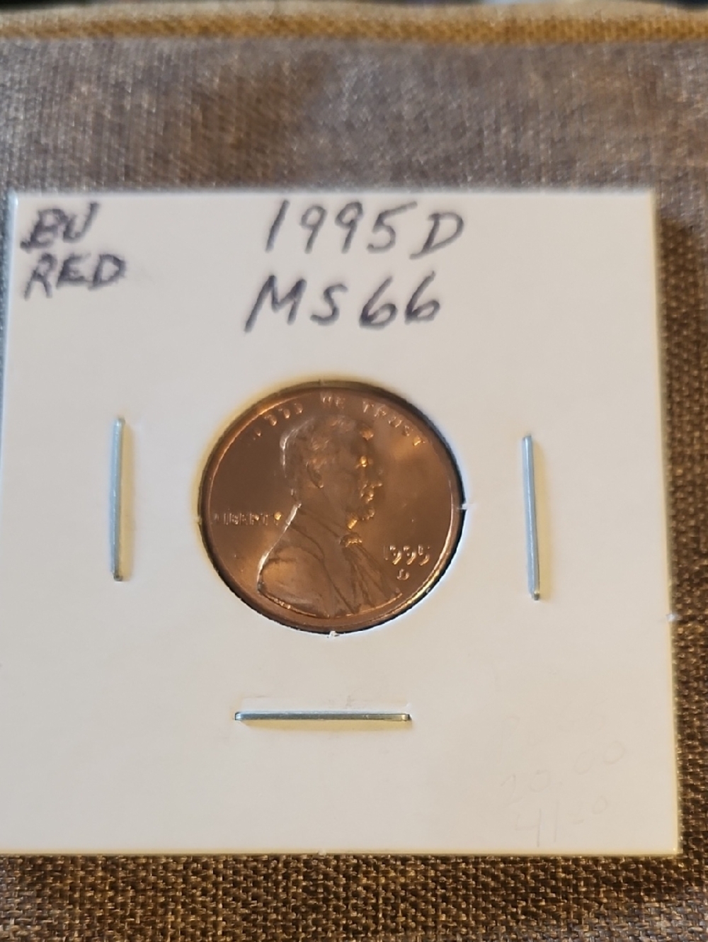 1995-D Lincoln Cent in 2x2 Card - Red Copper